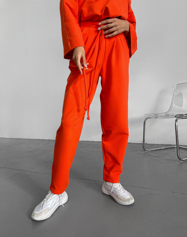 Штаны прямого кроя со шнурком, оранжевые - Фото 1